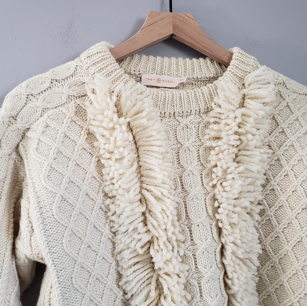 Tory Burch Cable Knit Fringe Wool Sweater Cream Crew Pullover Sweater SZ Medium